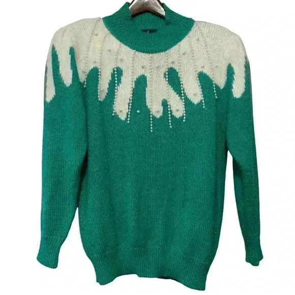 Angenie Sweaters - Vintage 1980s Angenie Angora Blend Textured Sweater Women L Green EUC 😍